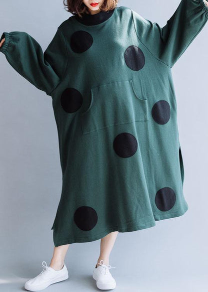 French Blackish Green Cotton Dresses Patchwork Pockets Loose Fall Dresses