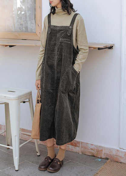 French Dark Gray Cotton Quilting Clothes Spaghetti Strap Pockets Maxi Dresses