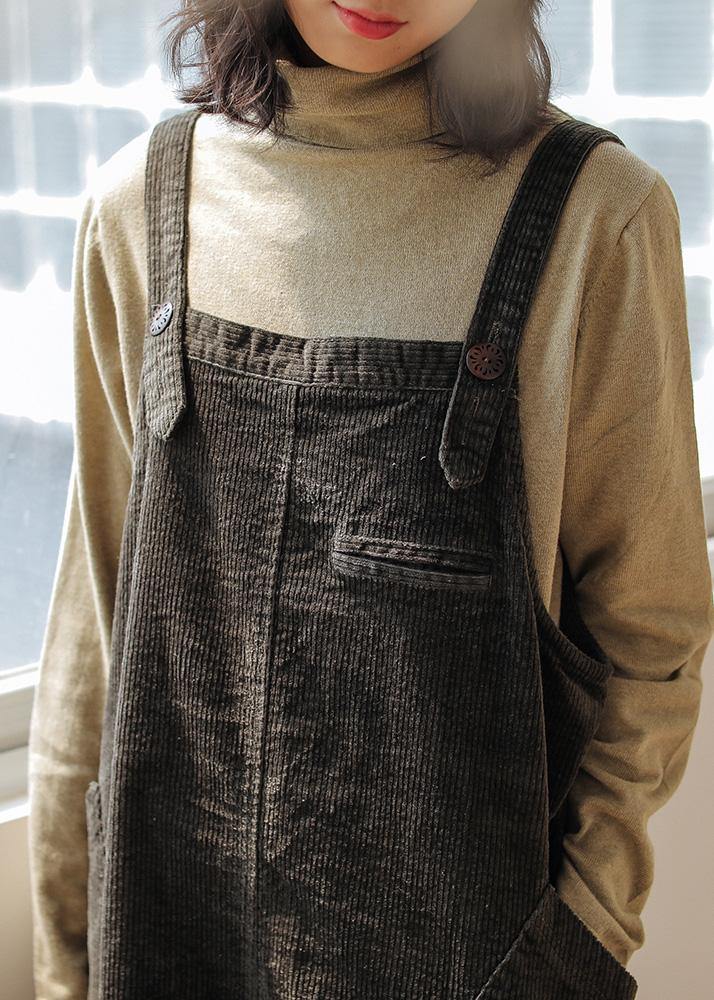 French Dark Gray Cotton Quilting Clothes Spaghetti Strap Pockets Maxi Dresses
