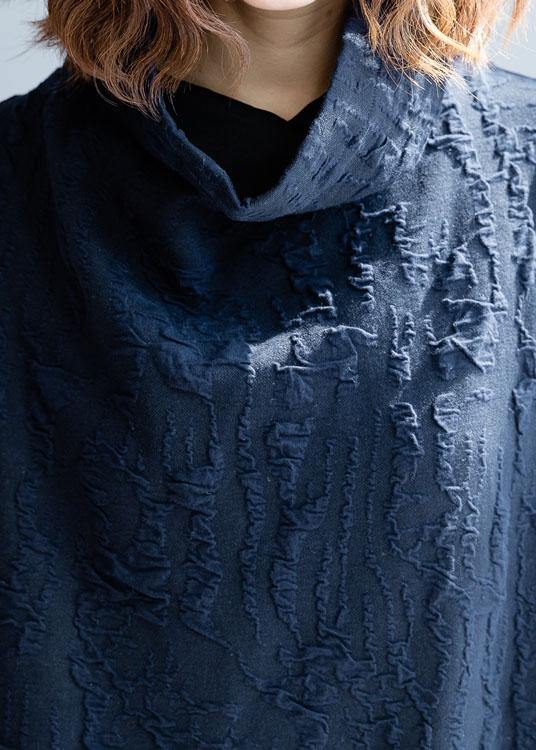 French Blue Cotton Tunics High Neck Oversized Fall Dress