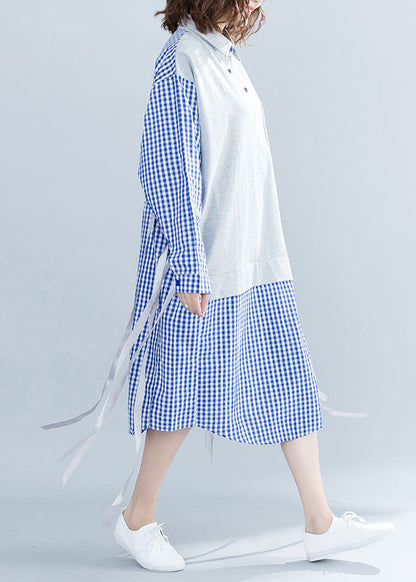 French Blue Plaid Cotton O Tutorials Stand Collar Tie Waist Cotton Summer Dresses