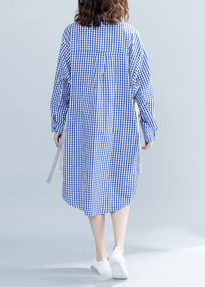 French Blue Plaid Cotton O Tutorials Stand Collar Tie Waist Cotton Summer Dresses