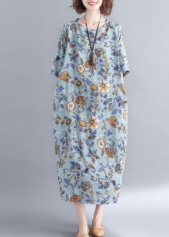 French Blue Cotton Linen Soft Surroundings O Neck Clothing Summer Dress