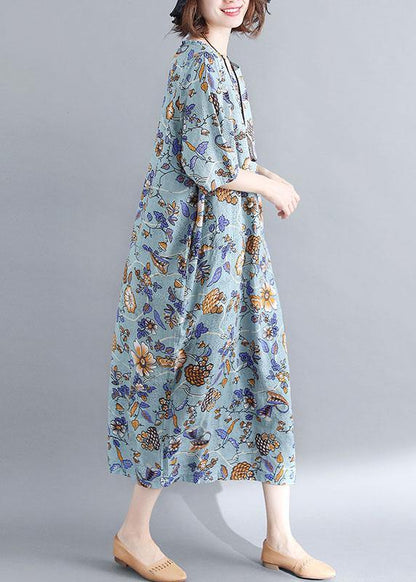 French Blue Cotton Linen Soft Surroundings O Neck Clothing Summer Dress