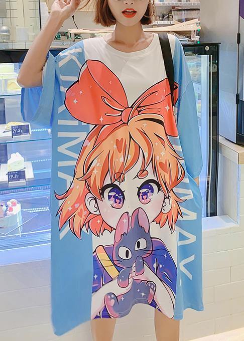 French Blue Half Sleeve Cotton Clothes Cartoon Print Dresses Summer Dress