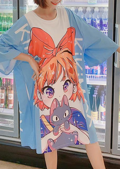 French Blue Half Sleeve Cotton Clothes Cartoon Print Dresses Summer Dress