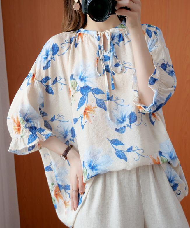 French Blue Print Clothes O Neck Lantern Sleeve Clothing Summer Shirt