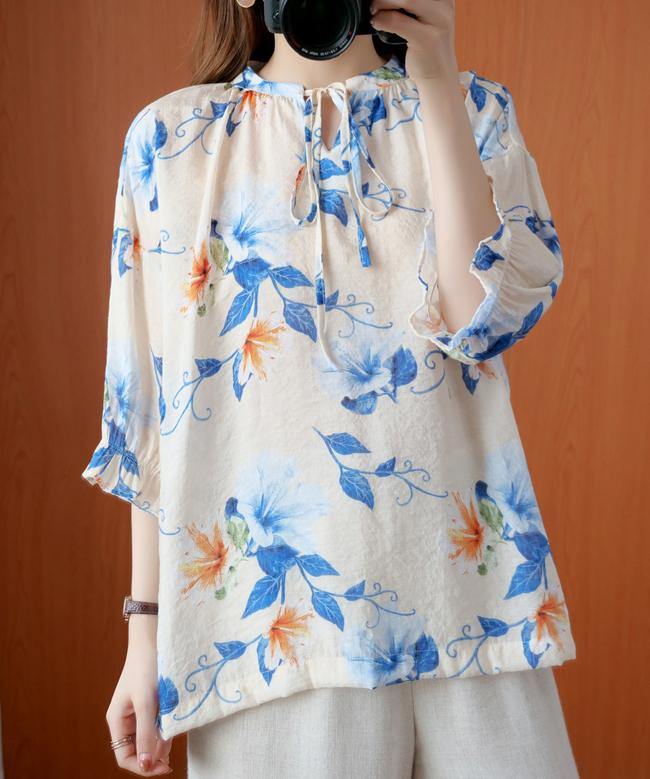 French blue print clothes o neck lantern sleeve Plus Size Clothing summer shirt
