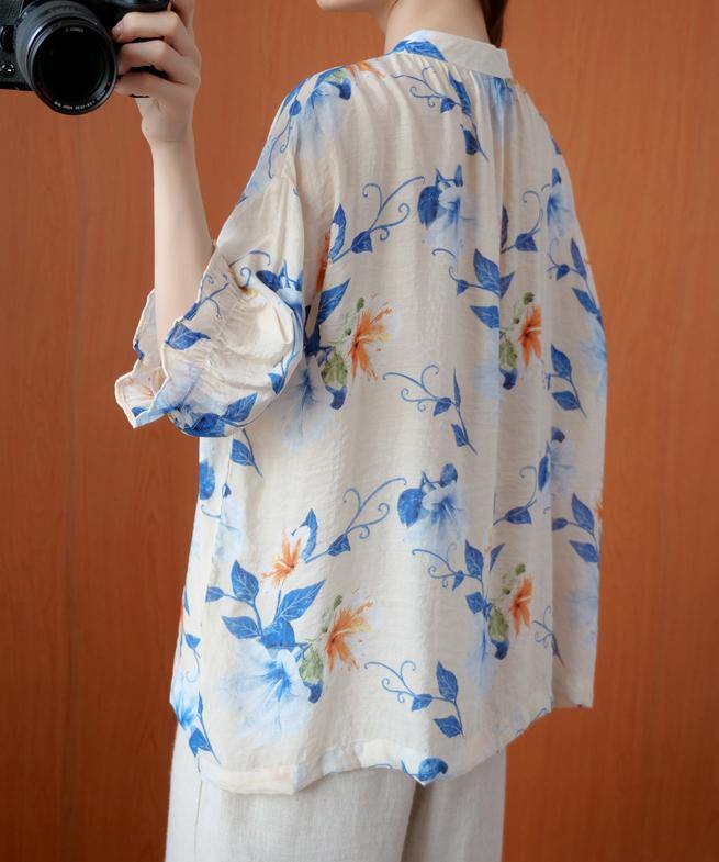 French blue print clothes o neck lantern sleeve Plus Size Clothing summer shirt