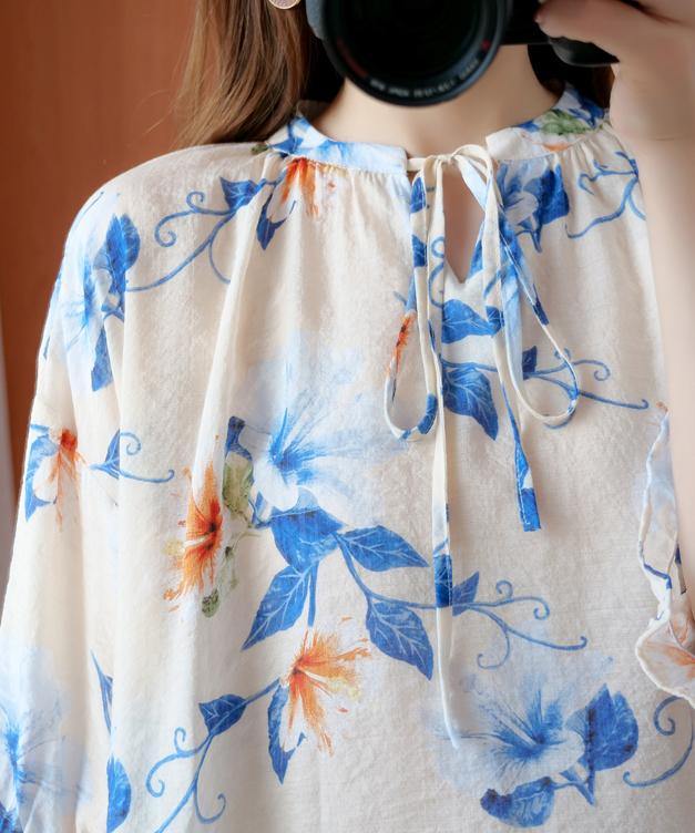 French blue print clothes o neck lantern sleeve Plus Size Clothing summer shirt