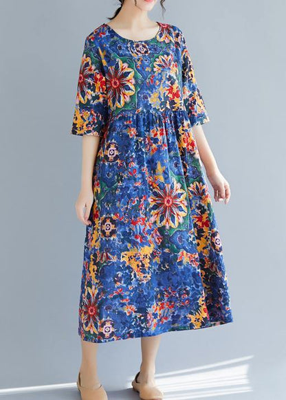 French Blue Print Cotton Clothes 18th Century Inspiration O Neck Half Sleeve Maxi Summer Dress