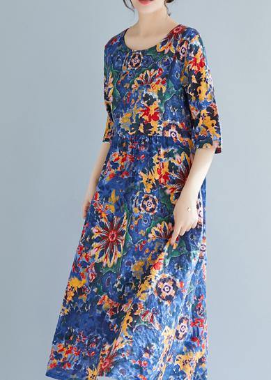French Blue Print Cotton Clothes 18th Century Inspiration O Neck Half Sleeve Maxi Summer Dress