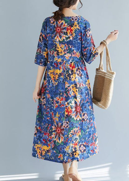 French Blue Print Cotton Clothes 18th Century Inspiration O Neck Half Sleeve Maxi Summer Dress