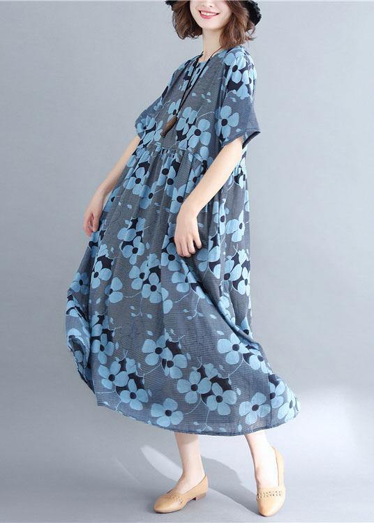 French Blue Print Cotton Linen Clothes O Neck Cinched Maxi Dresses