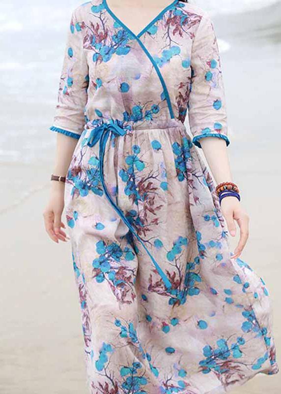 French Blue Print Dress V Neck Drawstring Long Spring Dress