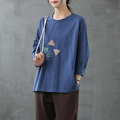 French blue tops women o neck patchwork Art top