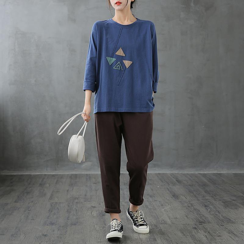 French Blue Tops O Neck Patchwork Art Top