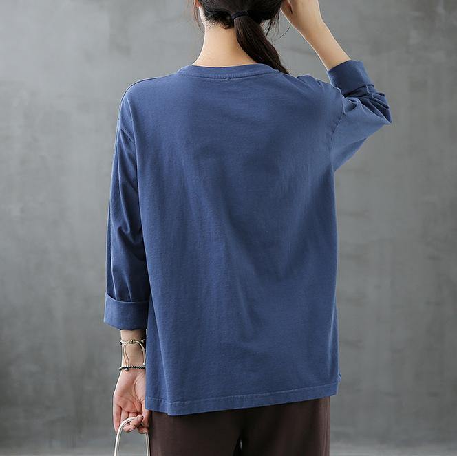 French Blue Tops O Neck Patchwork Art Top