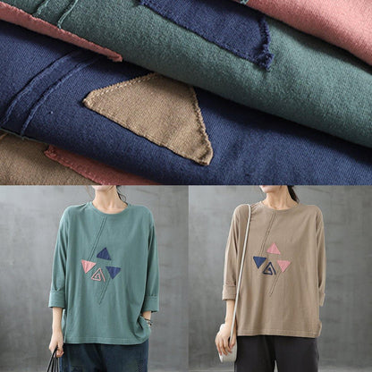 French blue tops women o neck patchwork Art top
