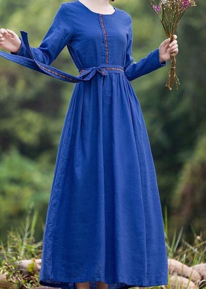 French Blue Cinched Dresses O Neck Tie Waist Robes Dresses