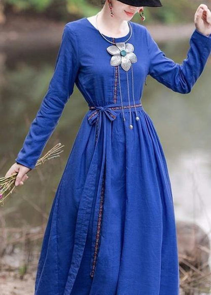 French Blue Cinched Dresses O Neck Tie Waist Robes Dresses