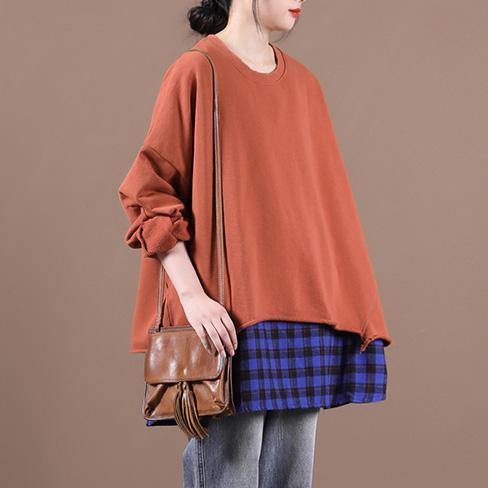 French Brown Blouses for O Neck Patchwork Knee Top