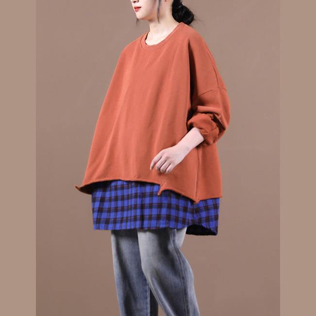 French Brown Blouses for O Neck Patchwork Knee Top