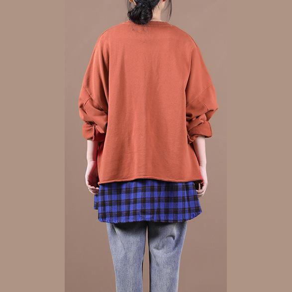 French Brown Blouses for O Neck Patchwork Knee Top