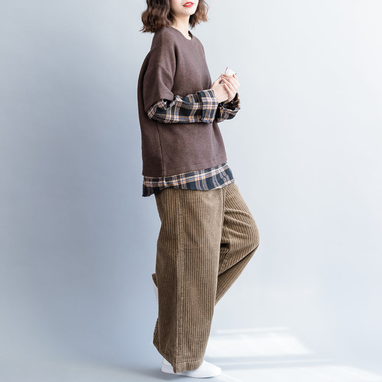 French Brown Cotton Clothes Organic Tunic Tops Tunic O Neck Patchwork Blouses
