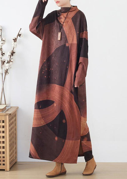 French Brown Priints Cotton Dresses Loose Waist Art O Neck Dress