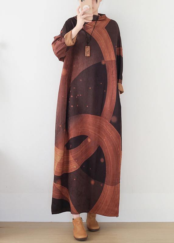 French Brown Priints Cotton Dresses Loose Waist Art O Neck Dress