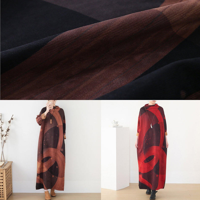 French Brown Priints Cotton Dresses Loose Waist Art O Neck Dress
