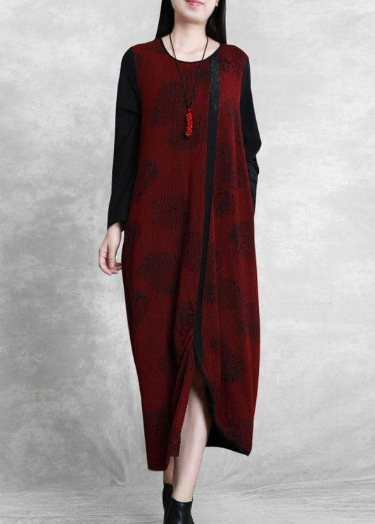 French Burgundy Jacquard Quilting Clothes O Neck Patchwork Robe Dresses