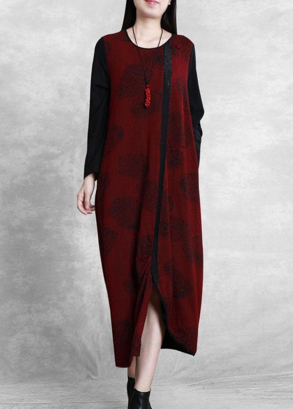 French Burgundy Jacquard Quilting Clothes O Neck Patchwork Robe Dresses