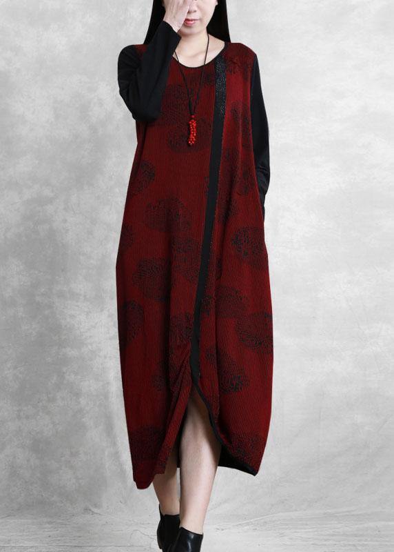 French Burgundy Jacquard Quilting Clothes O Neck Patchwork Robe Dresses
