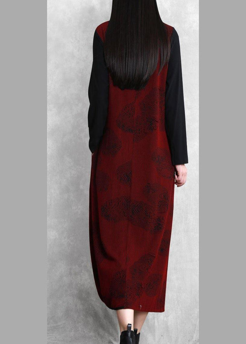 French Burgundy Jacquard Quilting Clothes O Neck Patchwork Robe Dresses