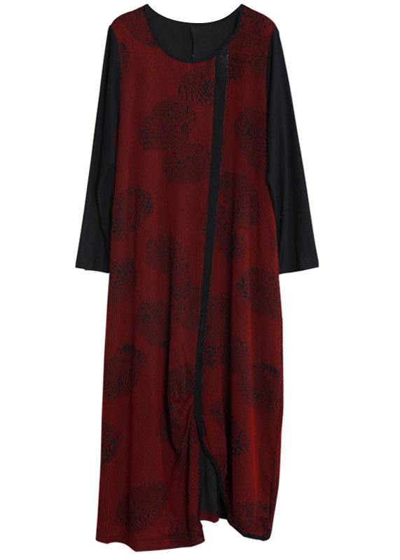 French Burgundy Jacquard Quilting Clothes O Neck Patchwork Robe Dresses