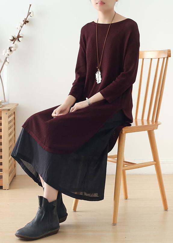 French Burgundy Long Shirts O Neck Side Open Art Dress
