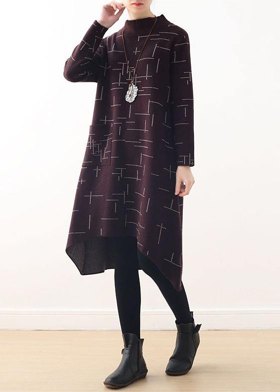 French Burgundy Plaid Clothes for High Neck Kaftan Fall Dress