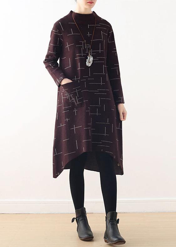 French Burgundy Plaid Clothes for High Neck Kaftan Fall Dress