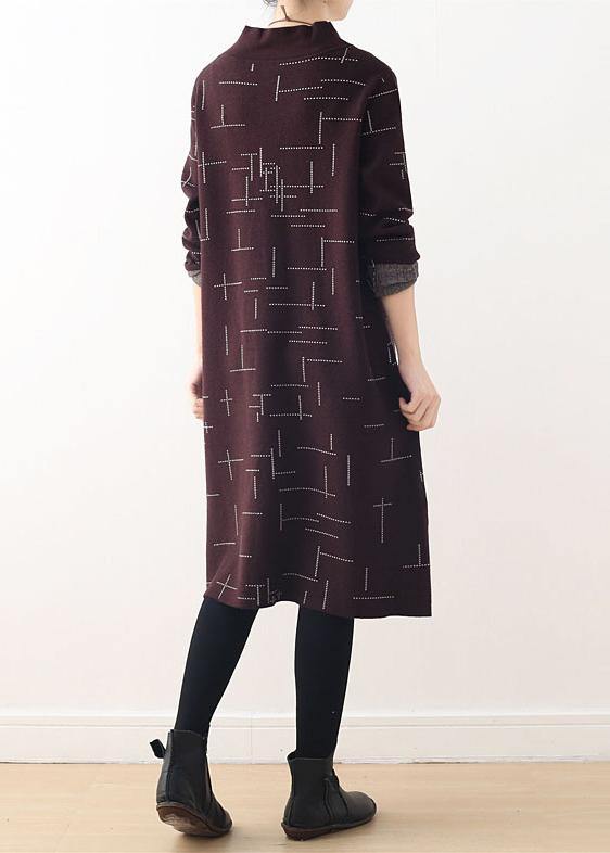 French Burgundy Plaid Clothes for High Neck Kaftan Fall Dress
