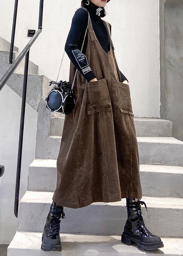 French Chocolate Big Pockets Cotton Clothes for Sleeveless Maxi Spring Dress