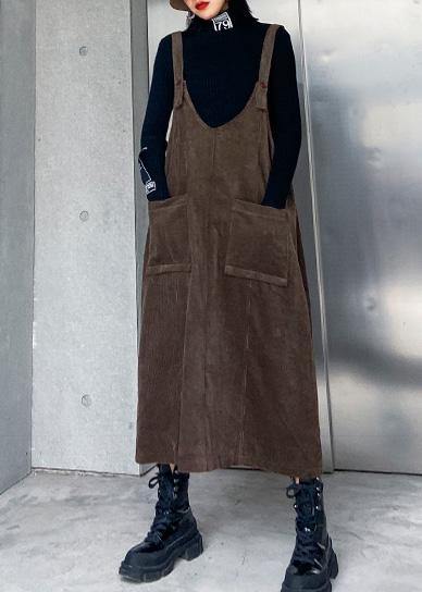 French Chocolate Big Pockets Cotton Clothes for Sleeveless Maxi Spring Dress