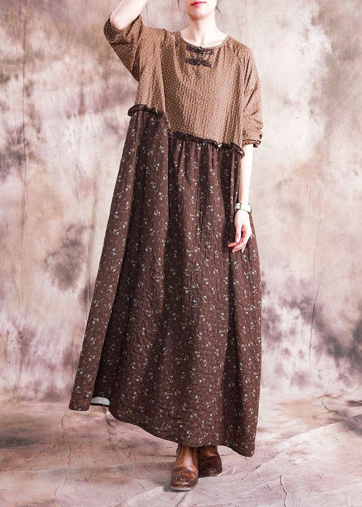 French Chocolate Print Linen Cotton Dresses O Neck Patchwork Long Fall Dresses