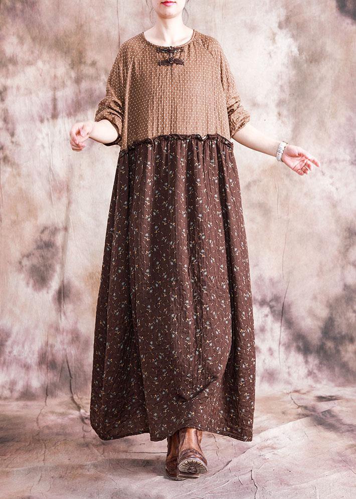 French Chocolate Print Linen Cotton Dresses O Neck Patchwork Long Fall Dresses
