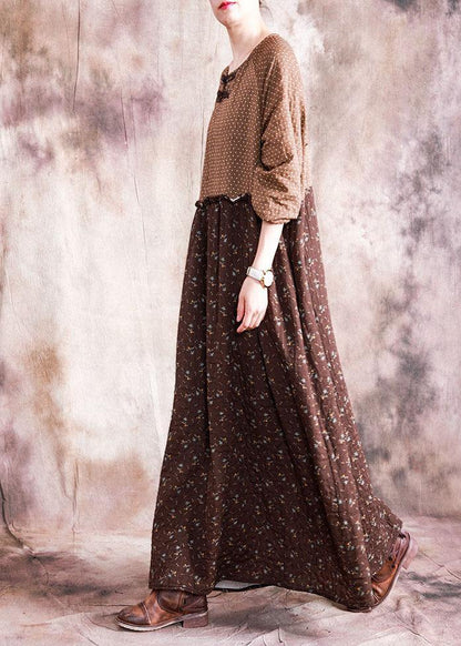 French Chocolate Print Linen Cotton Dresses O Neck Patchwork Long Fall Dresses