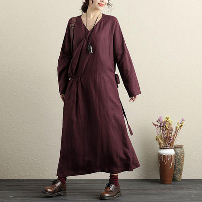 French Cotton Long Shirts Pakistani V Neck Long Sleeves Dark Red Dress