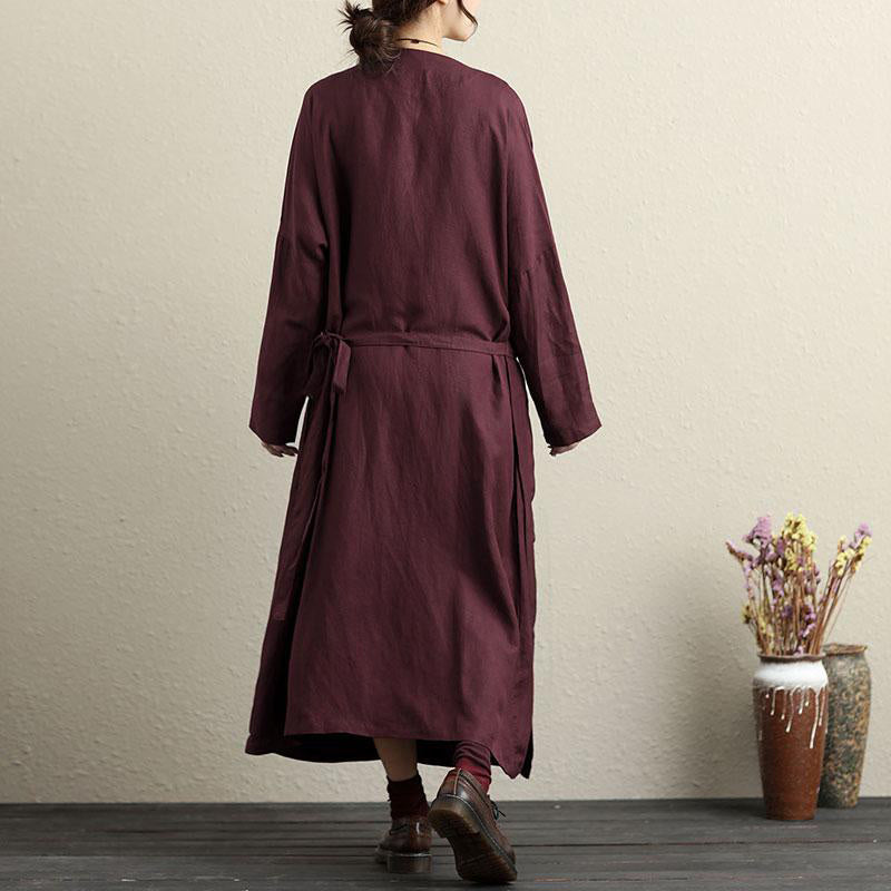 French Cotton Long Shirts Pakistani V Neck Long Sleeves Dark Red Dress