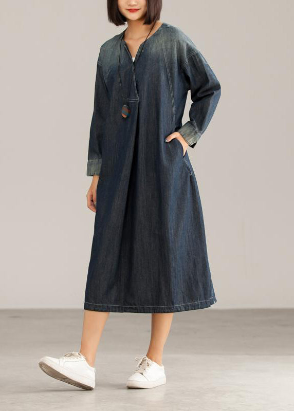 French Cotton Dresses V-neck Denim Blue Dress