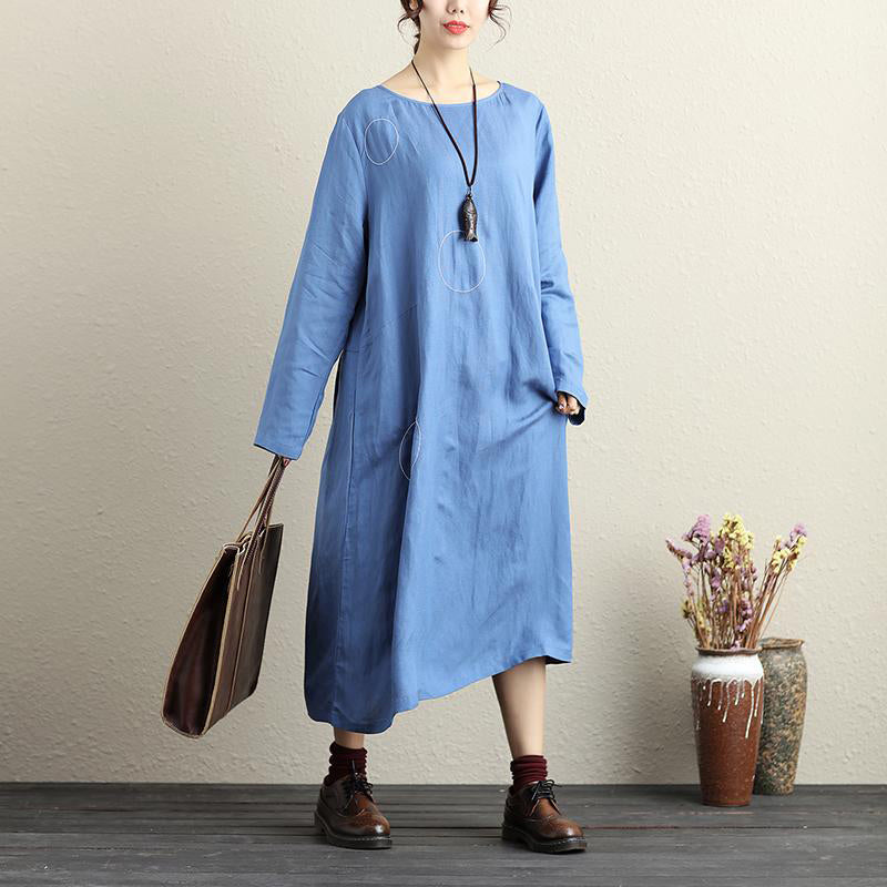 French Cotton Dresses Fitted Round Neck Long Sleeve Cotton Linen Blue Dress